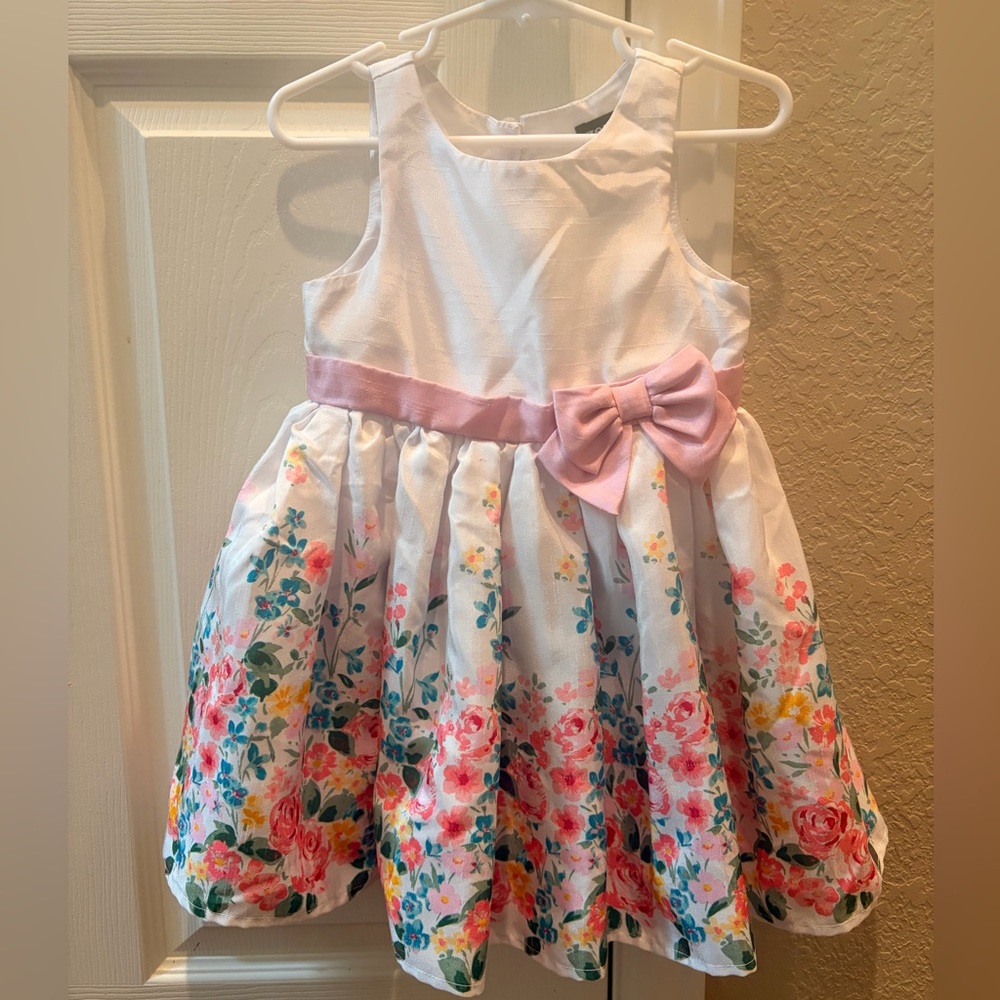 Zenzi White Dress with Pink Waist Bow and Floral Skirt